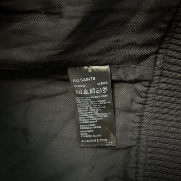 All Saints Mens L Bomber Jacket BIWA Wool Leather Black Varsity Y2K Streetwear - Picture 7 of 8